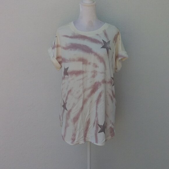 NEW Brit.NY Women's Knit Top Size Large Cream with Purple Stars Tie Dye Tee - Picture 3 of 5